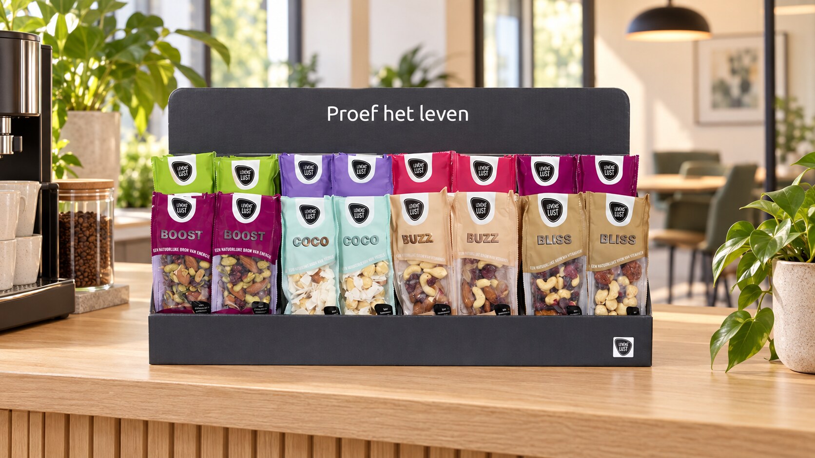 Levenslust presentatiedisplay in een warme, moderne kantooromgeving